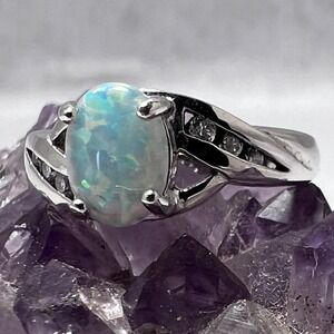 Sterling Silver 925 Oval Opal Ring Clear Accent Stones RJ Sz 5 Girly Demure